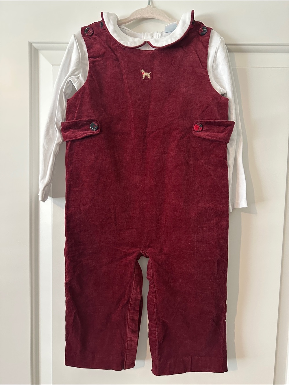 Edgehill Collection Burgundy Corduroy Overalls with White Top